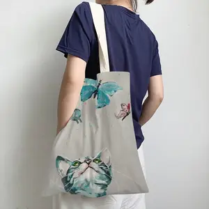 Cat And Butterflies Shopping Bag (Linen)