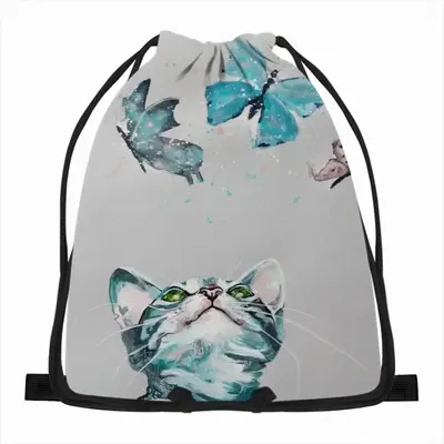 Cat And Butterflies Drawstring Bag