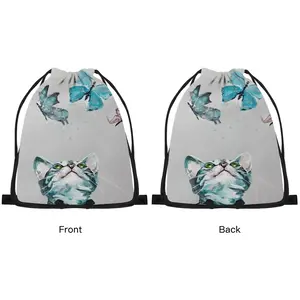 Cat And Butterflies Drawstring Bag