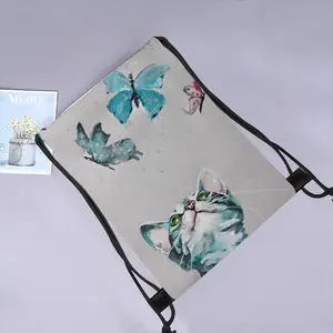 Cat And Butterflies Drawstring Bag