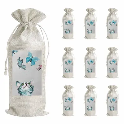 Cat And Butterflies Wine Bags (Linen)