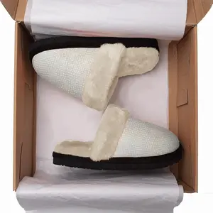 Men White On Gold Fuzzy Slippers