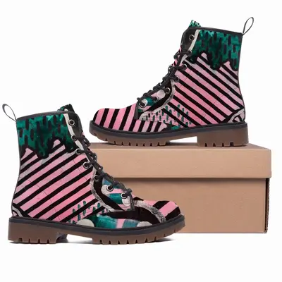 Men Pink Green Black Abstract Leather Work Boots