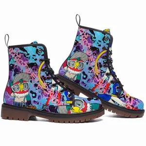 Men Goodbye My Love - Pop Art Cartoon Universal Peace Calligraphy Pink Leather Work Boots