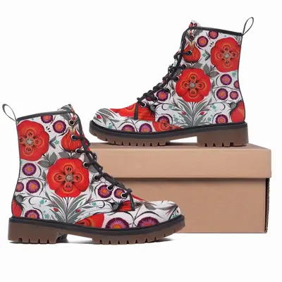 Men Poppy Flowers In A Pot Leather Work Boots