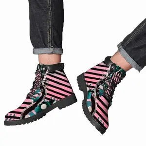 Men Pink Green Black Abstract Mid Top Boots