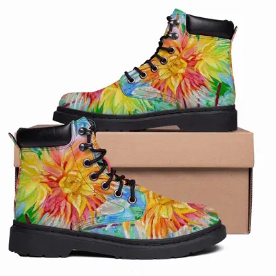 Men Red-Yellow Flower Mid Top Boots