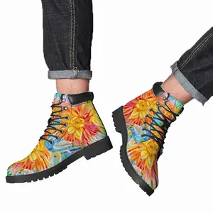 Men Red-Yellow Flower Mid Top Boots