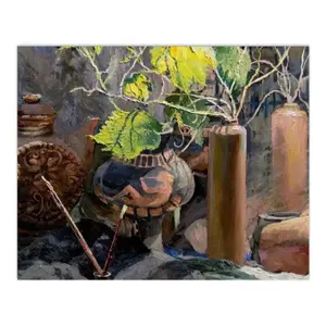 Sunny Ceramic Tableware And Leaves Still Life Digital Painting (Horizontal)