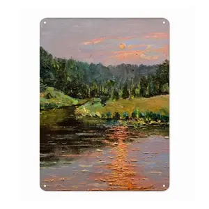 Sunset Pond With Sun Reflection Iron Painting (Vertical, Multi-Size)