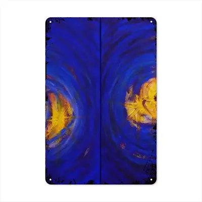 Centrifugal Blue Circles Attached Yellow Retro Iron Painting (Vertical)