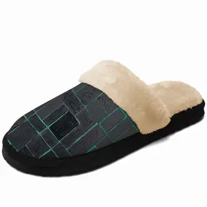 Men Black Green Fuzzy Slippers