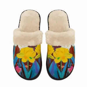 Men Yellow And White Tulips Fuzzy Slippers