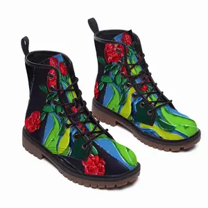 Men Roses And Cherries Leather Work Boots