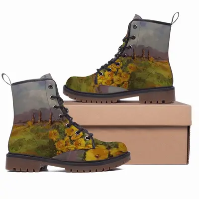 Men Yellow Fence Flowers Leather Work Boots