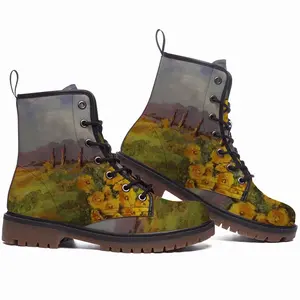 Men Yellow Fence Flowers Leather Work Boots