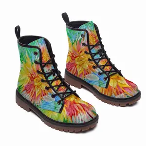 Men Red-Yellow Flower Leather Work Boots