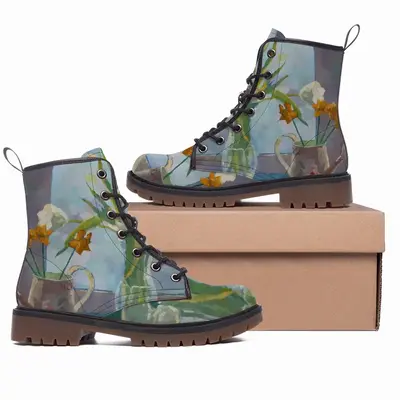 Men Flowers Leather Work Boots