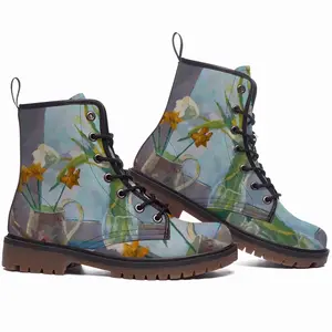 Men Flowers Leather Work Boots