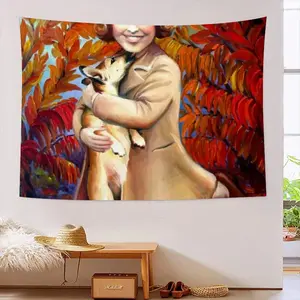 Queen Elizabeth As Child With Her Pet Corgi Dog Wall Tapestry (Multi-Size, Horizontal)