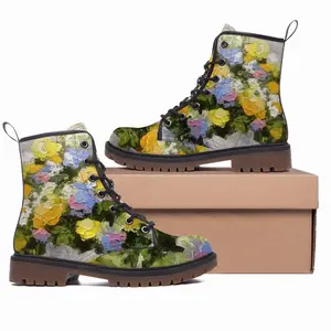 Men Yellow And Blue Flowers Leather Work Boots