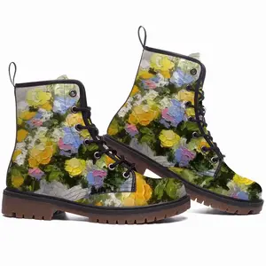 Men Yellow And Blue Flowers Leather Work Boots