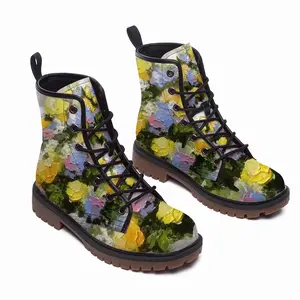 Men Yellow And Blue Flowers Leather Work Boots