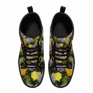 Men Yellow And Blue Flowers Leather Work Boots