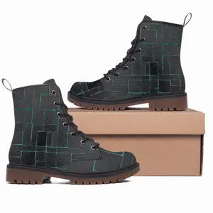 Men Black Green Leather Work Boots