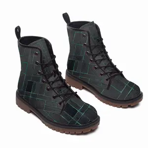 Men Black Green Leather Work Boots