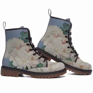 Men Peonies On Blue Leather Work Boots