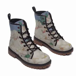 Men Peonies On Blue Leather Work Boots