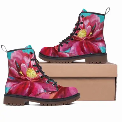 Men Bright Pink Peony Flower Acrylic Leather Work Boots