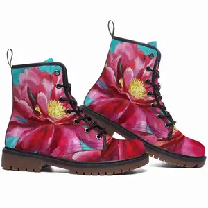 Men Bright Pink Peony Flower Acrylic Leather Work Boots