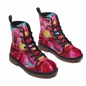 Men Bright Pink Peony Flower Acrylic Leather Work Boots