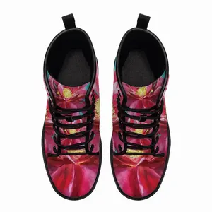 Men Bright Pink Peony Flower Acrylic Leather Work Boots