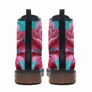 Men Bright Pink Peony Flower Acrylic Leather Work Boots