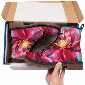 Men Bright Pink Peony Flower Acrylic Leather Work Boots