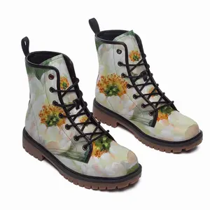 Men White Peony Leather Work Boots