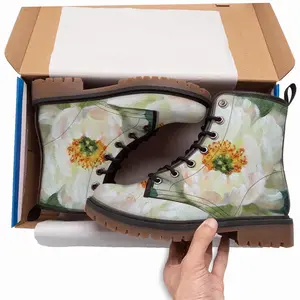 Men White Peony Leather Work Boots