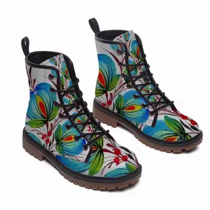 Men Blue Sky Flower Leather Work Boots