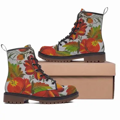 Men Orange Flower Leather Work Boots