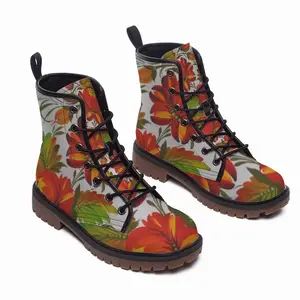 Men Orange Flower Leather Work Boots