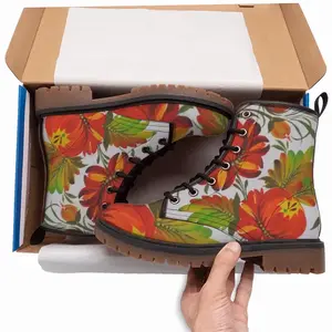 Men Orange Flower Leather Work Boots