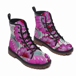 Men Peony Blossom Leather Work Boots