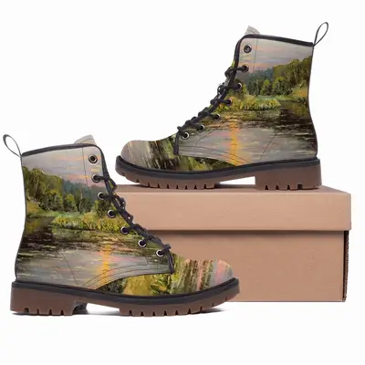 Men Sunset Pond With Sun Reflection Landscape Leather Work Boots