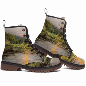 Men Sunset Pond With Sun Reflection Landscape Leather Work Boots