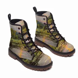 Men Sunset Pond With Sun Reflection Landscape Leather Work Boots