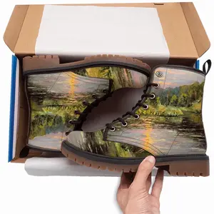 Men Sunset Pond With Sun Reflection Landscape Leather Work Boots