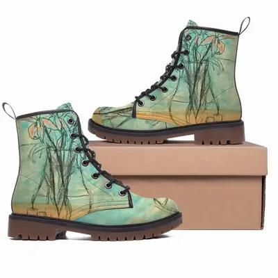 Men Oriental Lilies Leather Work Boots